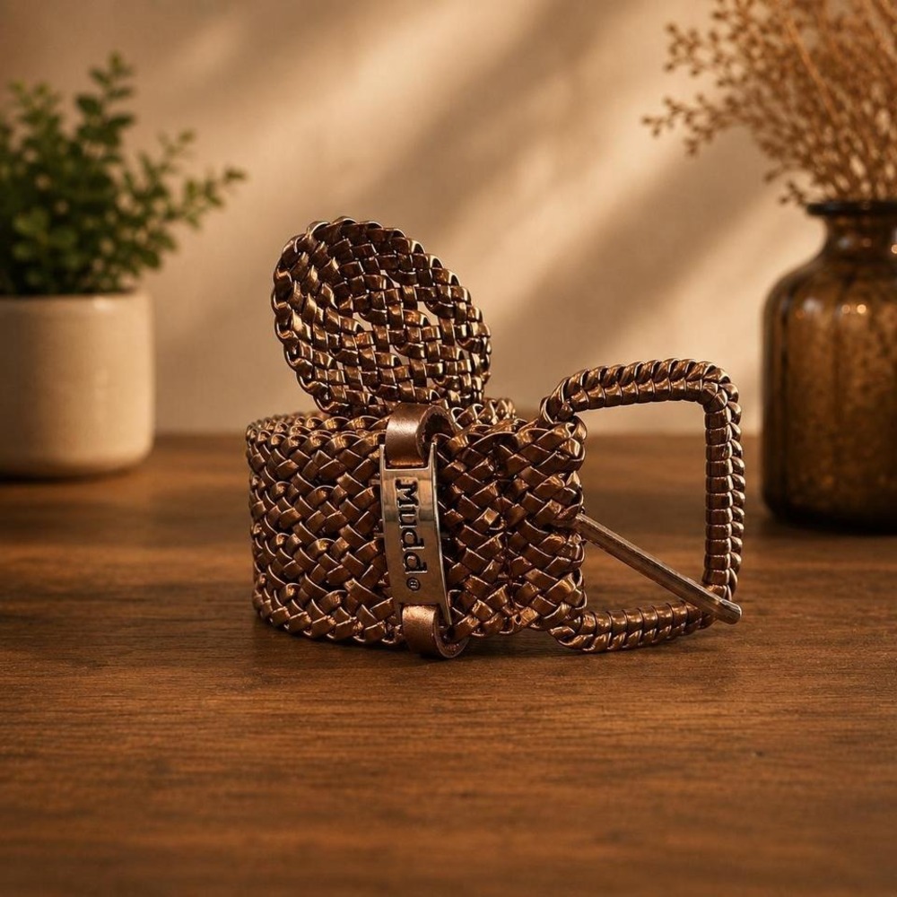 Y2K Bronze Woven Belt Boho Earthy Braded Metallic Statement Buckle 2000s Indie